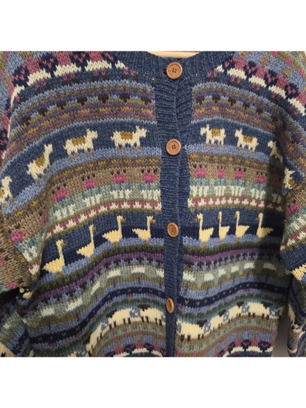 L.L. Bean Multicolor Fair Isle Wool Button Cardigan - Navy, Cream, Green - Picture 4 of 8